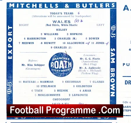 Wales v Israel 1958 – at Cardiff – Jewish Team