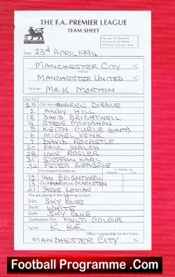 1 Manchester City v Manchester United 1994 - Managers Team Sheet