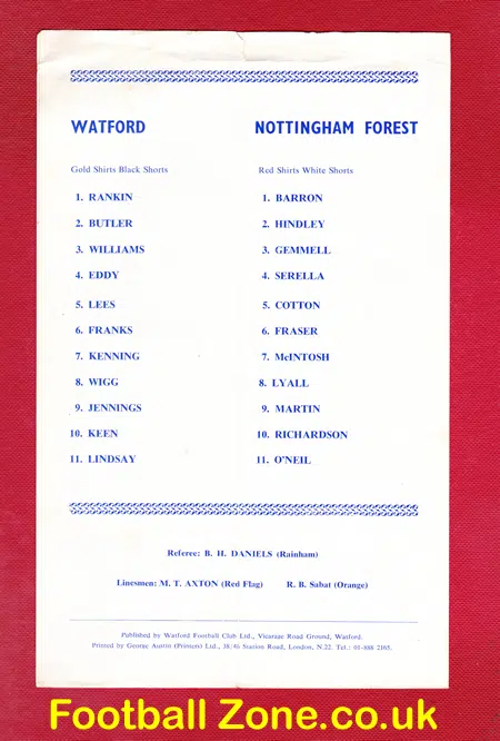 Watford v Nottingham Forest 1972 – Friendly Match