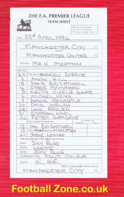 1 Manchester City v Manchester United 1994 – Managers Team Sheet