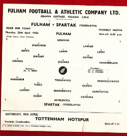 Fulham v Spartak 1956 – Yugoslavia – Single Sheet