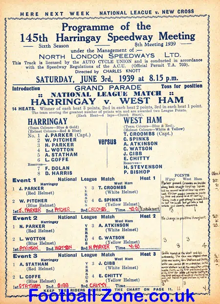 Harringay Speedway v West Ham 1939 – 1930s Speedway Programme