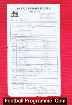 An Official Manchester United v Arsenal 1993 Referees Team Sheet - football memorabilia