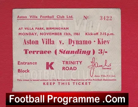 Aston Villa v Dynamo Kiev 1961 – Plus Football Ticket