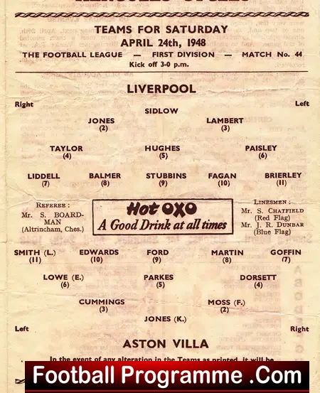 Aston Villa v Liverpool 1948 – 1940s Football Programme
