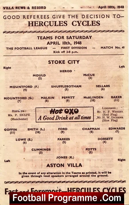 Aston Villa v Stoke City 1948
