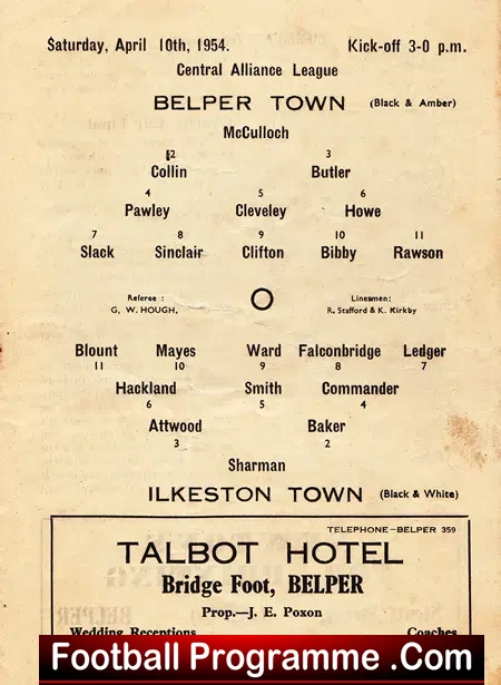 Belper Town v Ilkeston Town 1954 – Central Alliance League