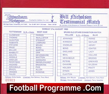 Bill Nicholson Testimonial Benefit Tottenham Hotspur 1983 PLUS
