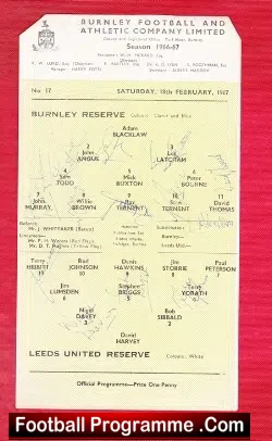 Burnley v Leeds United 1967 - Reserves - Multi Autographs SIGNED - football programme