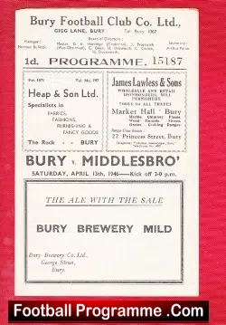 Bury v Middlesbrough 1946 – Old Football Programme