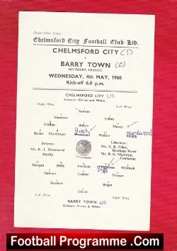 Chelmsford City v Barry Town 1960 – Single Sheet Programme