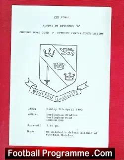 Chelsea Boys Club v Cypriot Centre Youth 1992 - Cup Final - football programme
