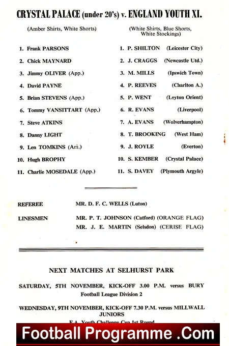 Crystal Palace Under 20s v England Youth 1966 – Selhurst Park