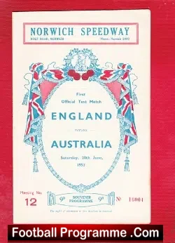 England Speedway v Australia 1953 - at Norwich - speedway programme