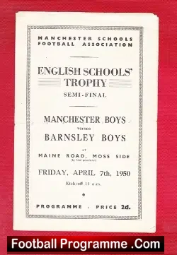 Manchester Boys v Barnsley Boys 1950 - Schoolboys Match - football programme