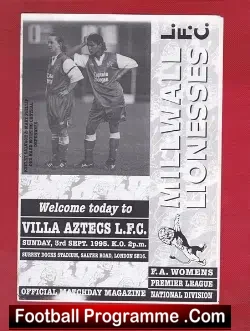 Millwall Ladies v Aston Villa 1995 - Womens Football - football programme