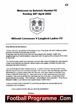 Millwall Ladies v Langford 2002 - Womens Football - football programme