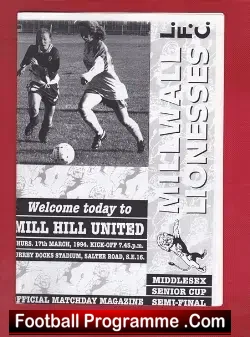 Millwall Ladies v Mill Hill United 1994 - Womens Football - football programme