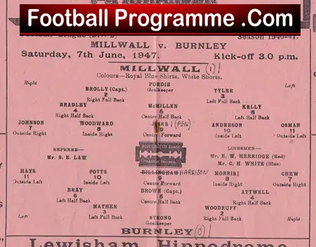 Millwall v Burnley 1947 – 40s Football Programme
