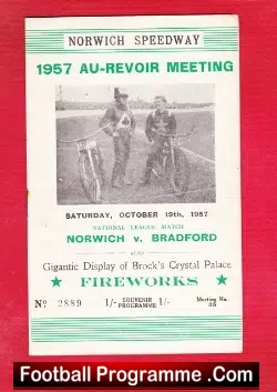 Norwich Speedway v Bradford 1957 - Au Revoir Meeting - speedway programme