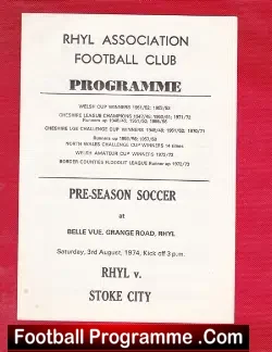 Rhyl v Stoke City 1974 - Pre Season at Belle Vue - football programme