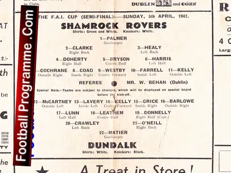 Shamrock Rovers v Dundalk 1942 – Ireland Semi Final at Bohemian