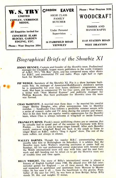 Showbiz XI v All Stars XI 1960 – Sean Connery Yiewsley