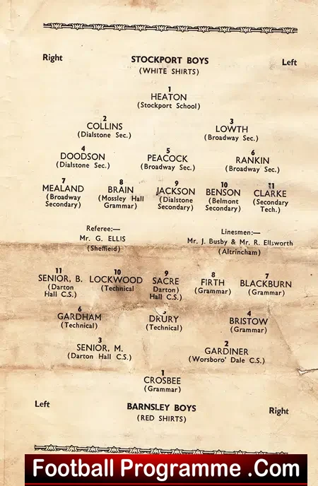 Stockport Boys v Barnsley Boys 1958 – Schoolboys Match