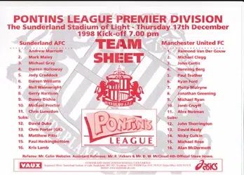 Sunderland v Manchester United 1998 Reserves Match Treble Season - football programme