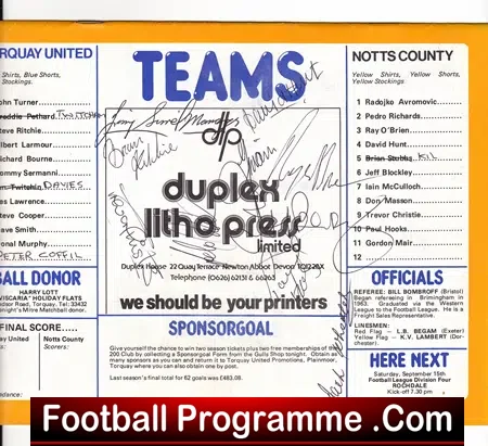 Torquay United v Notts County 1979 – Multi Autographed
