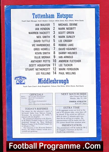 Tottenham Hotspur v Middlesbrough 1990 – Youth Cup Final