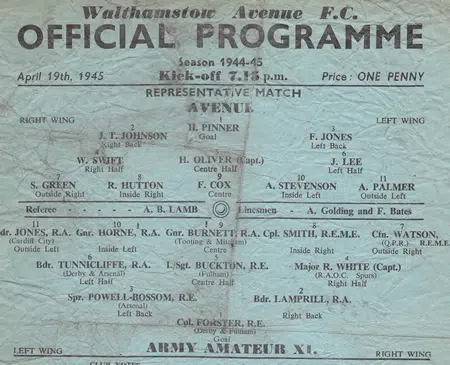 Walthamstow Avenue v Army Amateur XI 1945 – Representative Match