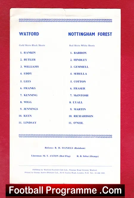 Watford v Nottingham Forest 1972 – Friendly Match