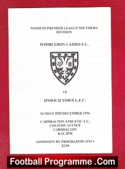 Wimbledon Ladies v Ipswich Town 1996 - Womens Football - football programme