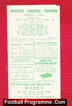 Wood Green Town v Winchmore Hill 1959 - Senior Cup - football programme