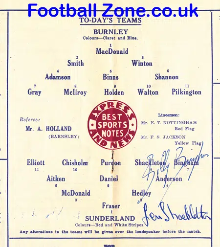 Burnley v Sunderland 1955 - Signed Len Shackleton + Bingham