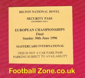 Euro 96 Cup Final Security Pass Ticket Hilton Hotel 1996