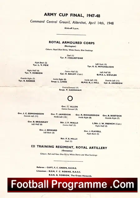 Army Cup Final Armoured Corps v Training Regiment 1948