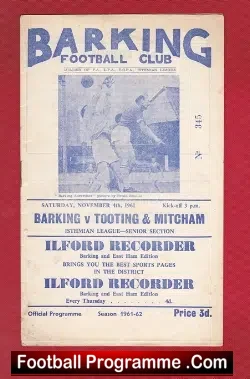 Barking v Tooting Mitcham United 1961 – Autographed