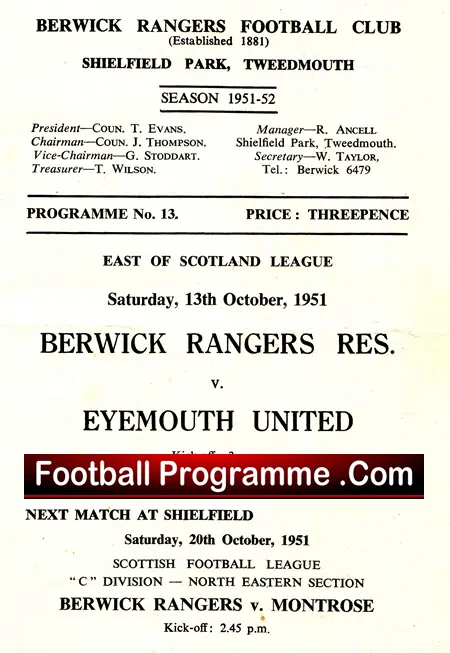 Berwick Rangers v Eyemouth United 1951 – Rare Reserves Match