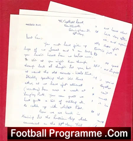 Brentford Town Tom Wilson Letter from Sir Bobby Robson 1950s