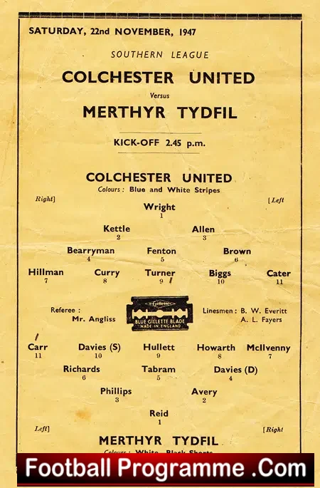 Colchester United v Merthyr Tydfil 1947 – Southern League