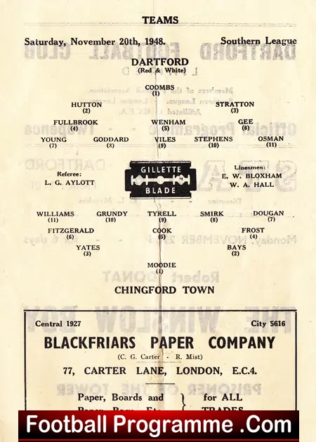Dartford v Chingford Town 1948 – 1940s Programme