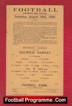 Dulwich Hamlet v Tufnell Park 1924 – 1920s Football Programme