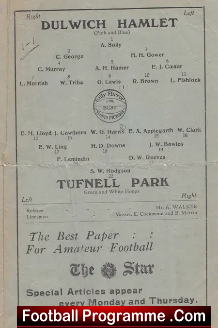 Dulwich Hamlet v Tufnell Park 1928 – Old 1920s Programme