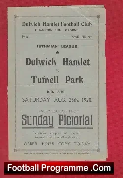 Dulwich Hamlet v Tufnell Park 1928 – Old 1920s Programme