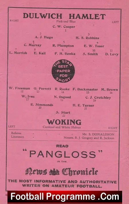 Dulwich Hamlet v Woking 1932 – 1930s Football Programme