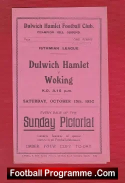Dulwich Hamlet v Woking 1932 - 1930s Football Programme - football programme