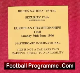 Euro 96 Cup Final Security Pass Ticket Hilton Hotel 1996