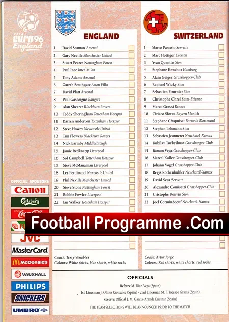 Euro 96 England v Switzerland 1996 – Opening Match Old Trafford